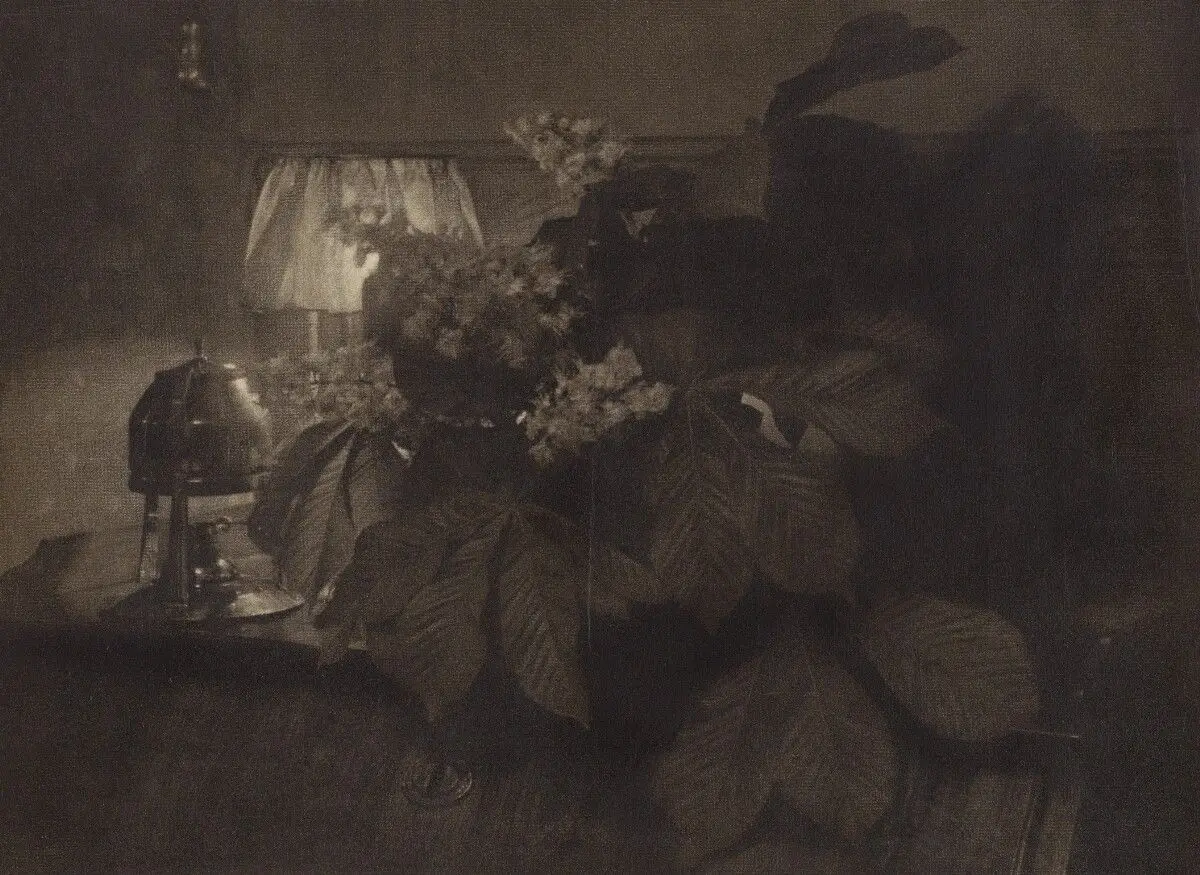 [Still Life with Horse Chestnut Flowers, Lamp and Urn] by Heinrich Kühn