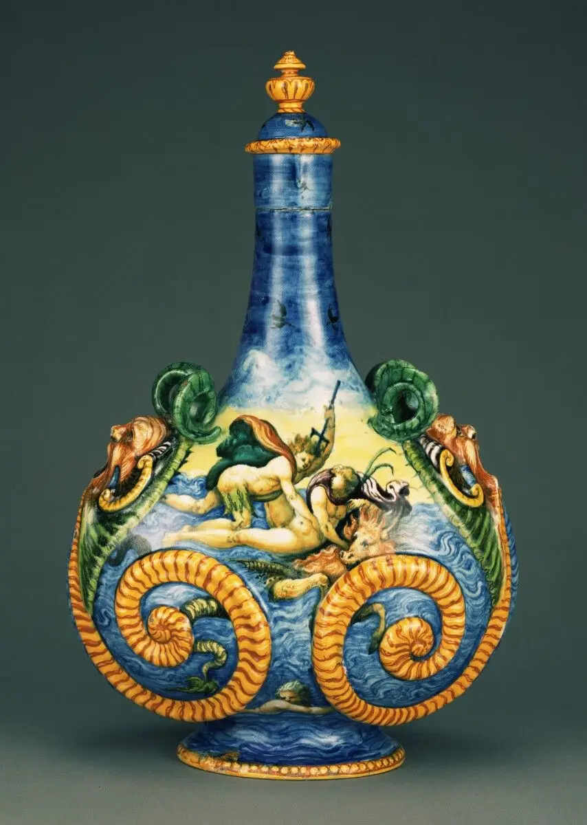 Pilgrim Flask with Marine Scenes by Fontana Workshop; Orazio Fontana