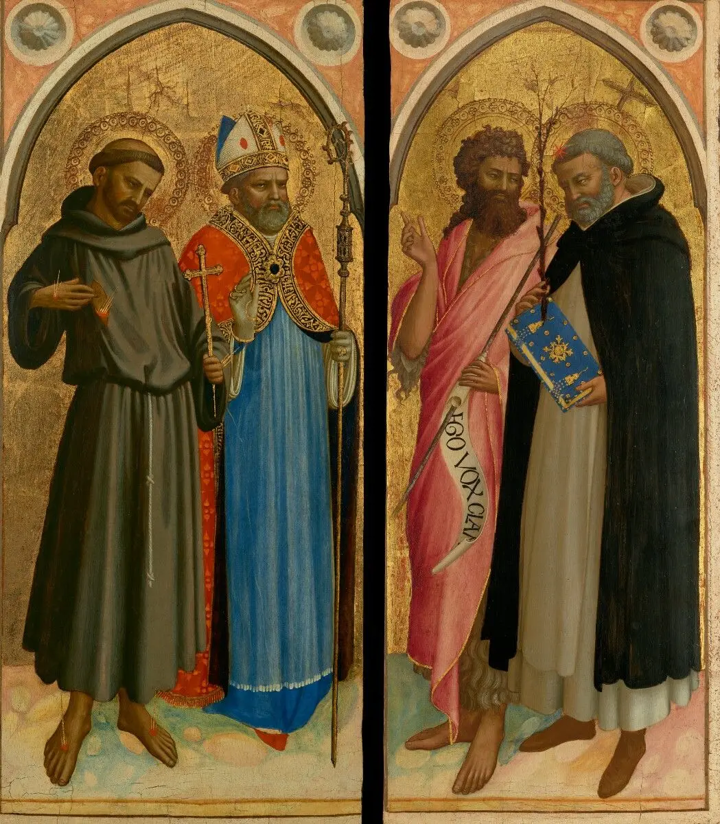 Saint Francis and a Bishop Saint, Saint John the Baptist and Saint Dominic by Fra Angelico (Guido di Pietro, Fra Giovanni da Fiesole)