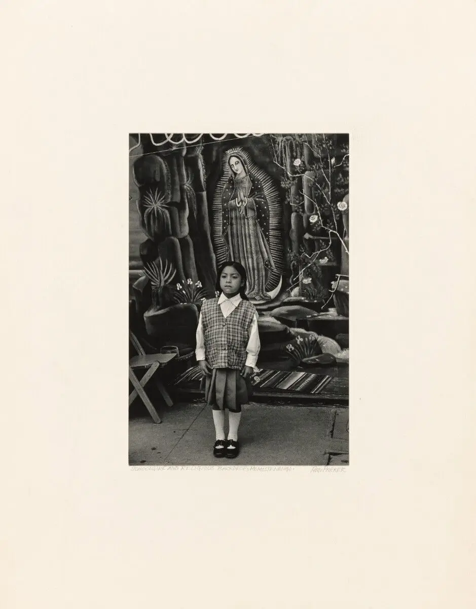 Schoolgirl and Virgin of Guadalupe backdrop, Momostenango by Ann Parker