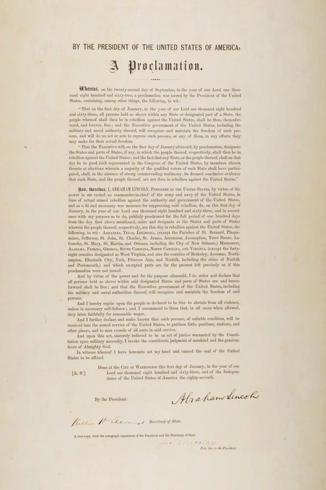 Official Imprint of the Emancipation Proclamation signed by Abraham Lincoln by American