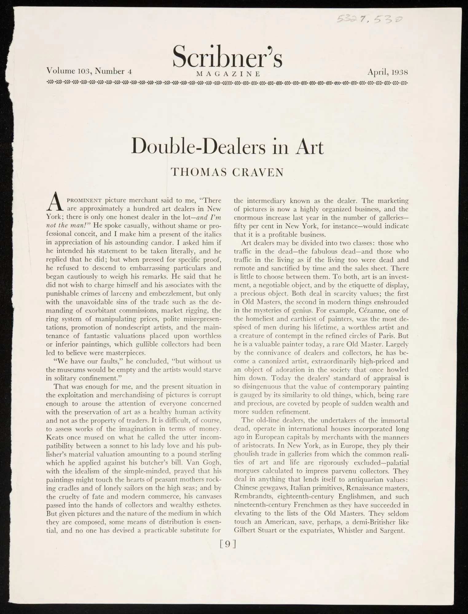 Article torn from "Scribner's Magazine", "Double-Dealers in Art" by Thomas Craven by American