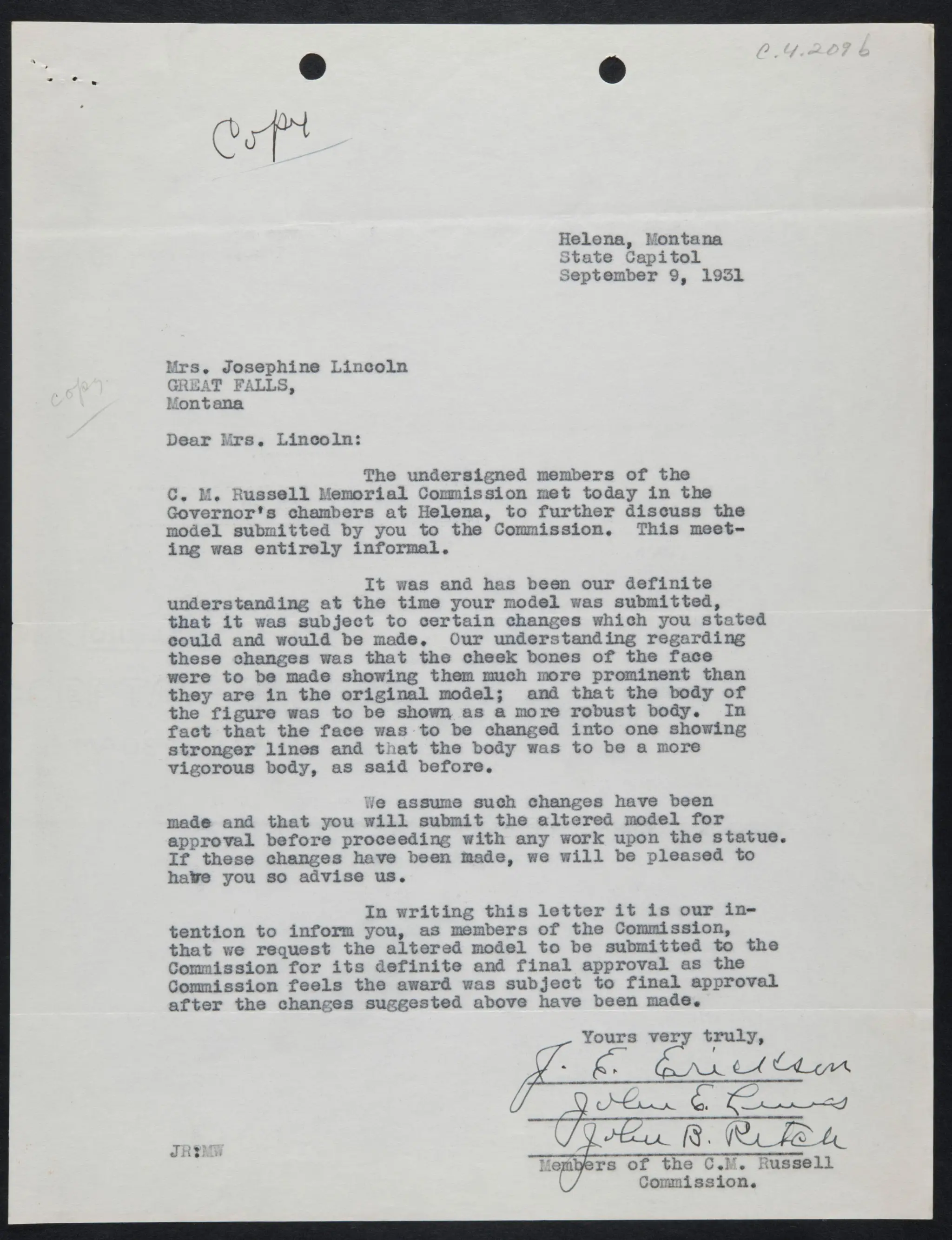 From Charles M. Russell Memorial Commission to Josephine Lincoln by Josephine Lincoln