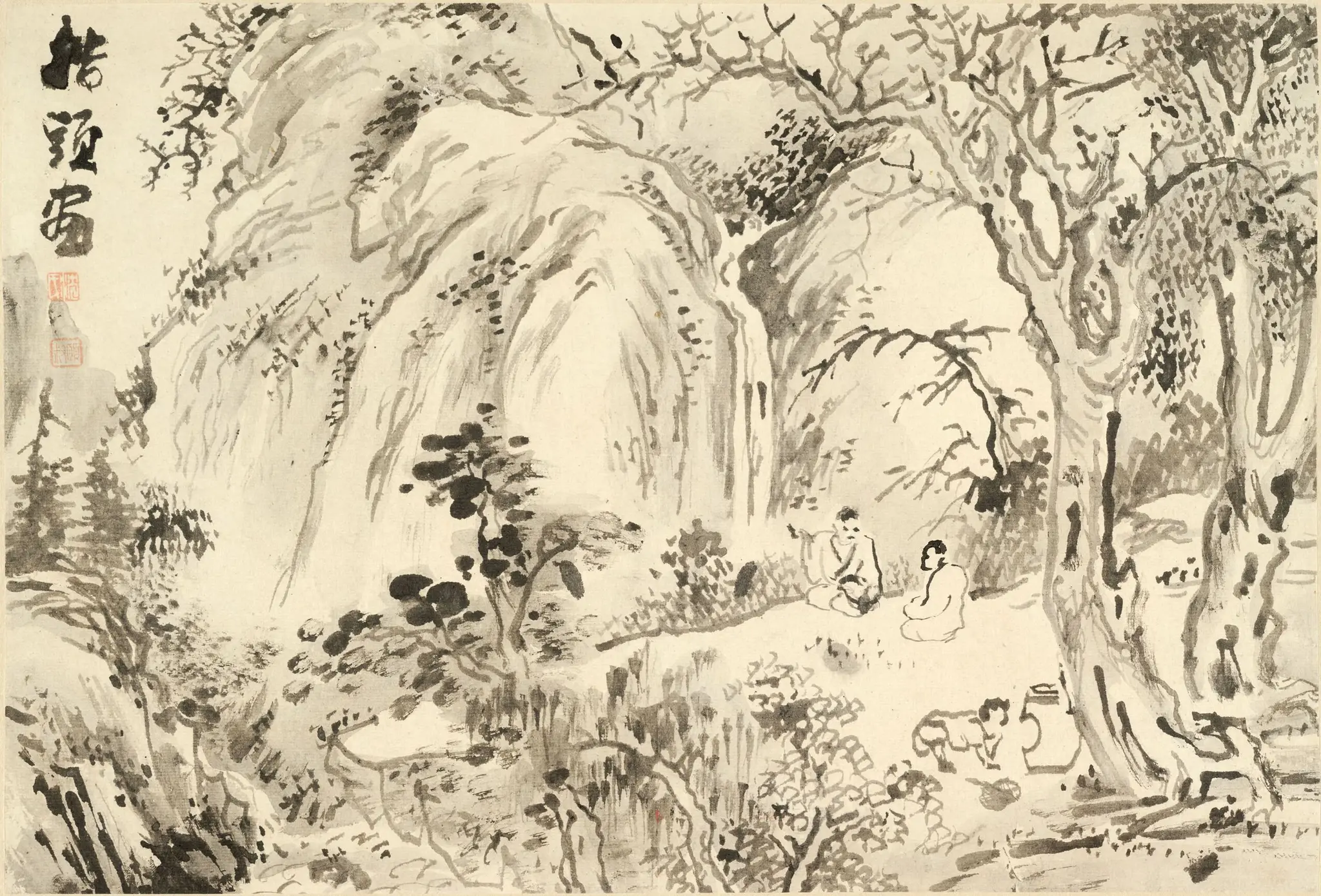 Two Scholars Seated in a Landscape, Engaged in Conversation, and Admiring a Waterfall While an Attendant Prepares Tea by Shim Sa-chŏng (also known as Yi-suk ['cha']; Hyŏn-chae ['ho'])