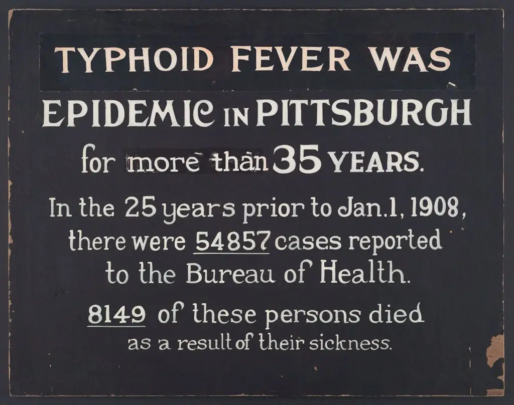 Housing, Conditions: United States. Pennsylvania. Pittsburgh. Pittsburgh Survey: Typhoid Fever Was Epidemic in Pittsburgh for more than 35 years. In the 25 years prior to Jan. 1, 1908, there were 54857 cases reported to the Bureau of Health. 8149 of these persons died as a result of their sickness. by Lewis Wickes Hine