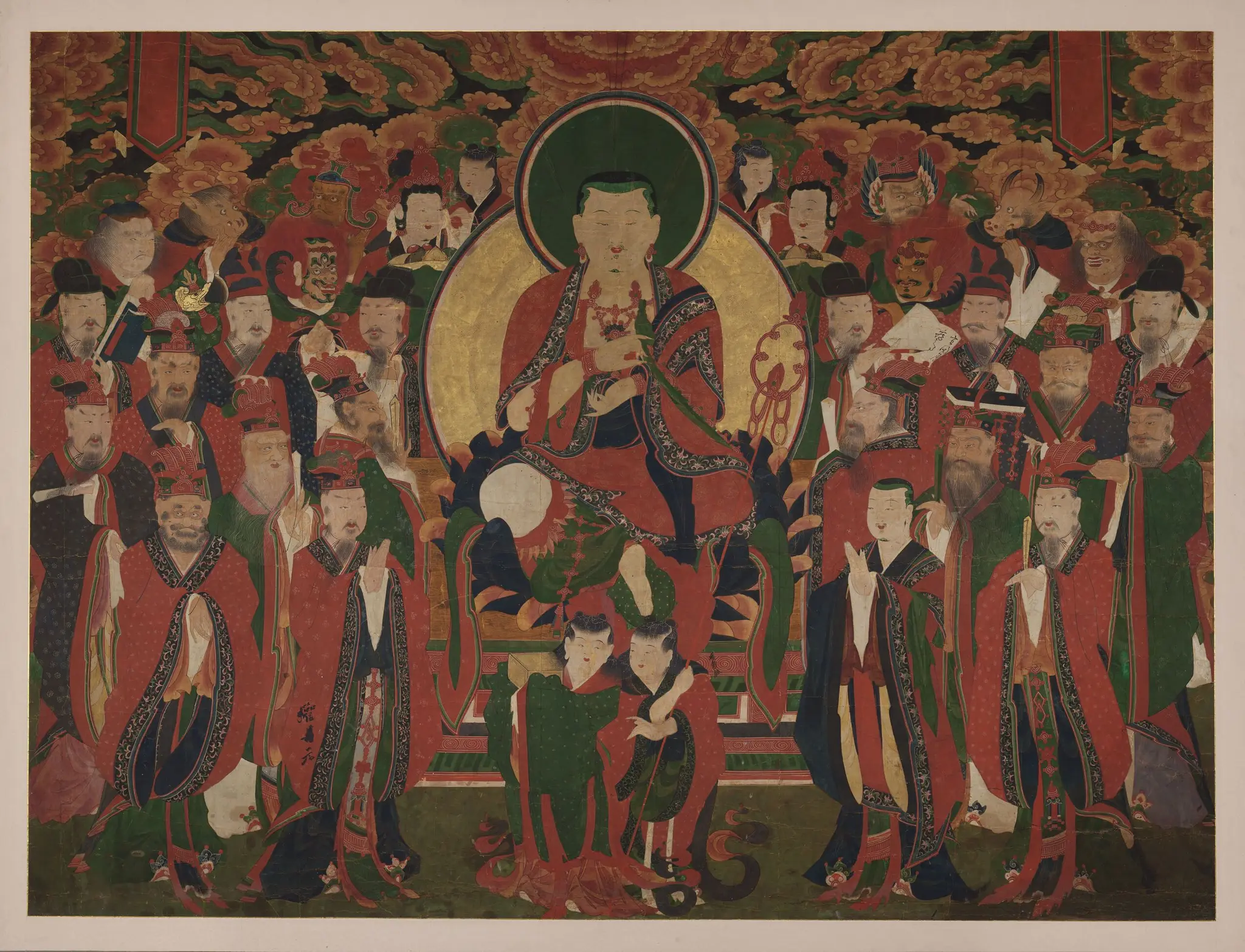 Seated Chijang Posal (Chinese, Dizang Pusa; Sanskrit, Bodhisattva Ksitigarbha) Flanked by Monk Tomyŏng (Chinese, Daoming) and Demon King Mutok Kuiwang (Chinese, Wudu Guiwang) and Surrounded by the Ten Kings of Hell and Their Retinues by Unknown artist