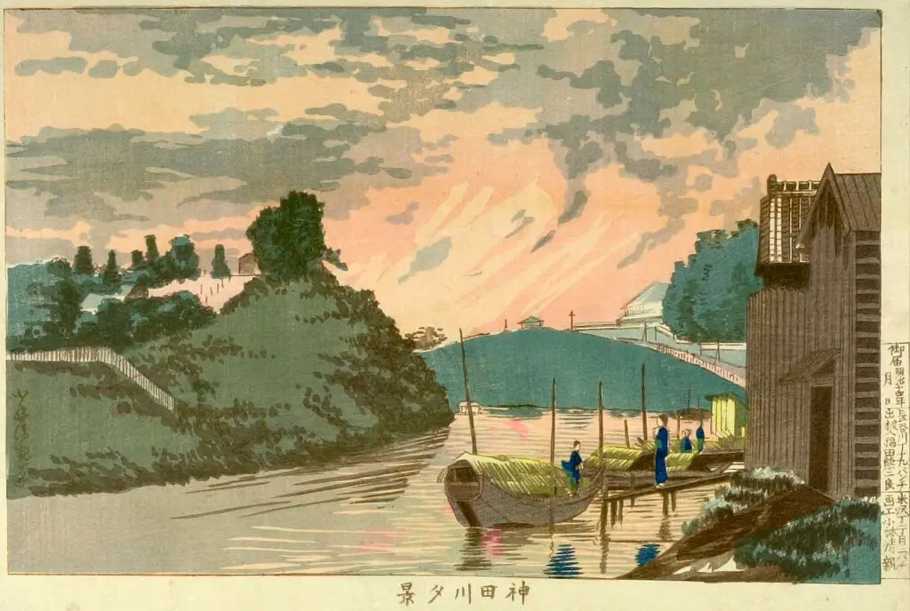 Evening Scene at Kandagawa by Kobayashi Kiyochika 小林清親