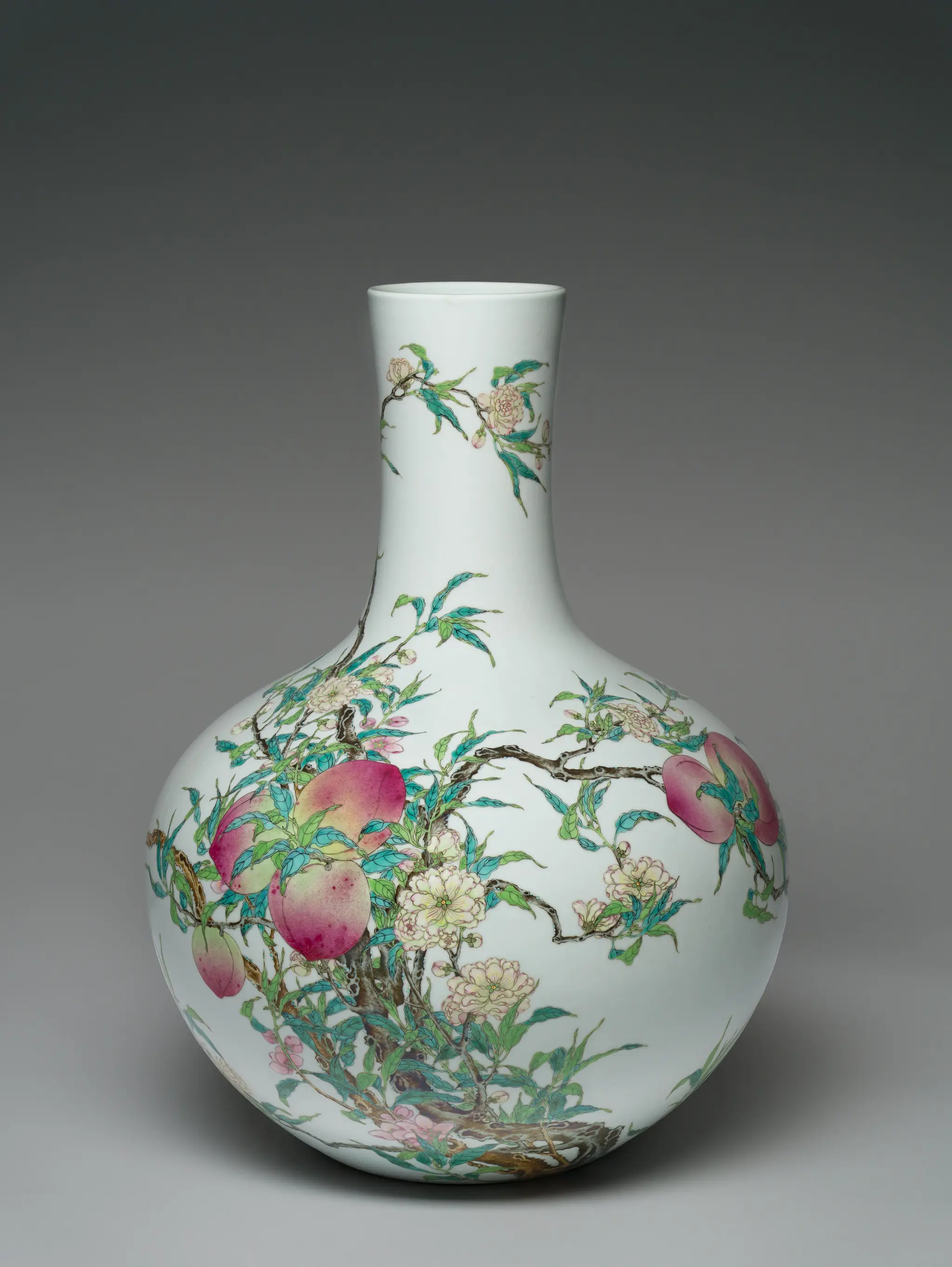 Large Vase with Long, Straight, Cylindrical Neck and with Decoration of Blossoming and Fruiting Peach Branches by Unknown artist