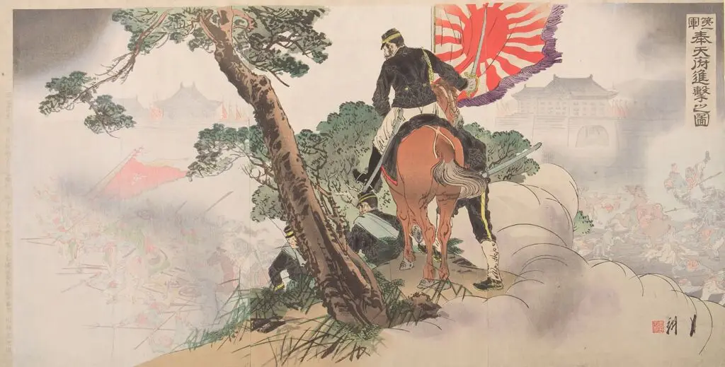Triptych: First Division Approaching Fengtian (Daiichigun Hōten-fu shingeki no zu) by Ogata Gekkō