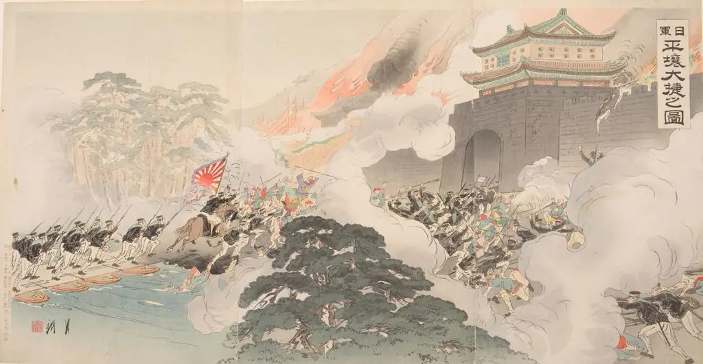 Triptych: Great Victory for the Japanese Army at P'yōng Yang (Nichigun Heijō taisho no zu) by Ogata Gekkō