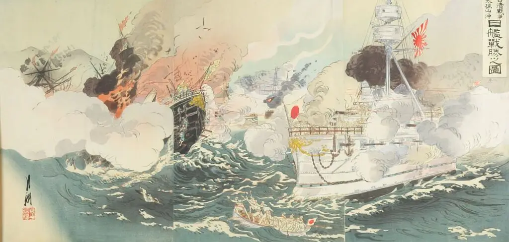 Triptych: Battle of Taikozan Oki: Victory for the Japanese Navy Offshore (Nishin sensō Taikozan Oki Nikkan senshō no zu) by Ogata Gekkō