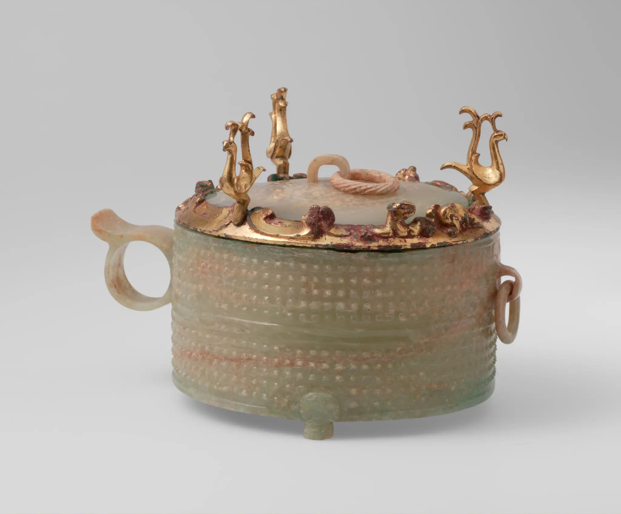 Covered Jade Cup with Gilt Bronze Fitting Decorated with Three Felines and Three Crested Birds by Unknown artist