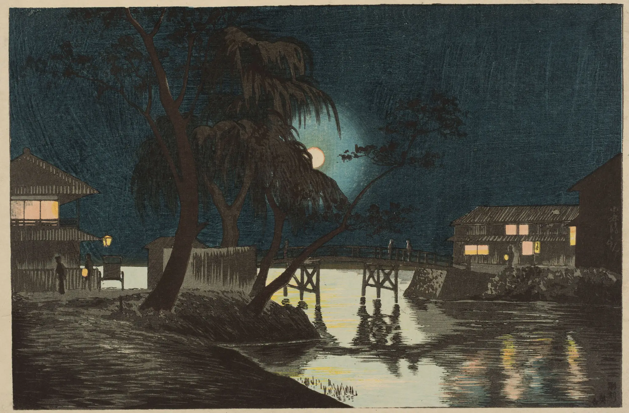 Teahouses at Imadobashi on a Moonlit Night by Kobayashi Kiyochika 小林清親
