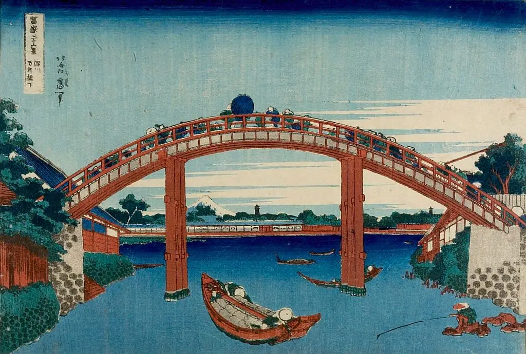 Under Mannen Bridge at Fukagawa (Fukagawa Mannen-bashi no shita), from the series Thirty-six Views of Mount Fuji (Fugaku sanjūrokkei) by Katsushika Hokusai 葛飾北斎