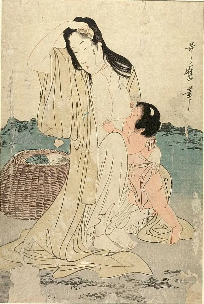 Abalone Diver Nursing a Child, center sheet of incomplete triptych by Kitagawa Utamaro 喜多川歌麿