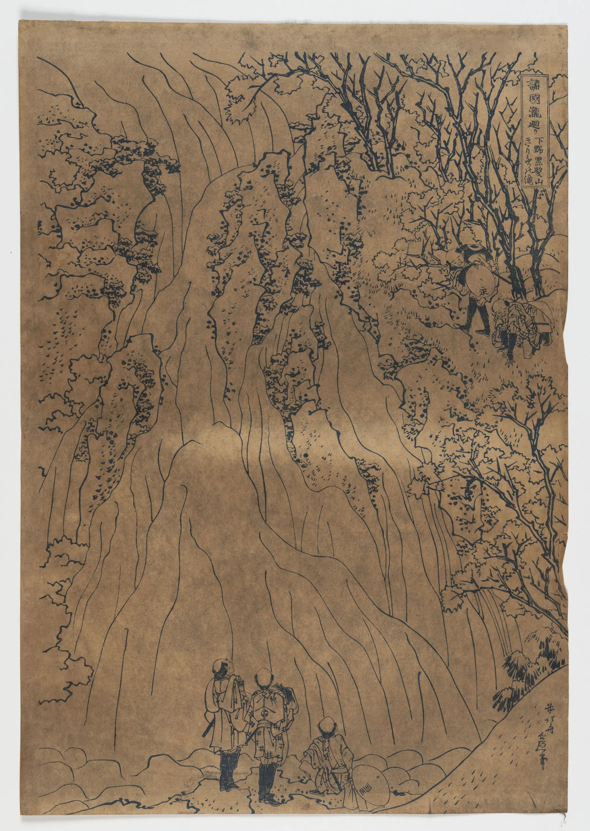 Image based on The Falling Mist Waterfall at Mount Kurokami in Shimotsuke Province (Shimotsuke Kurokamiyama Kirifuri no taki), from the series A Tour of Waterfalls in Various Provinces (Shokoku taki meguri) by Katsushika Hokusai 葛飾北斎