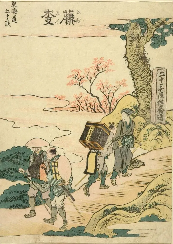 Fujieda, Fifty-three Stations of the Tōkaidō (Fujieda, Tōkaidō gojūsan tsugi), detached page from The Fifty-Three Stations of the Tōkaidō: A Picture Book of Highway Bells (Tōkaidō gojūsan tsugi: Ehon ekiro no suzu) by Katsushika Hokusai 葛飾北斎