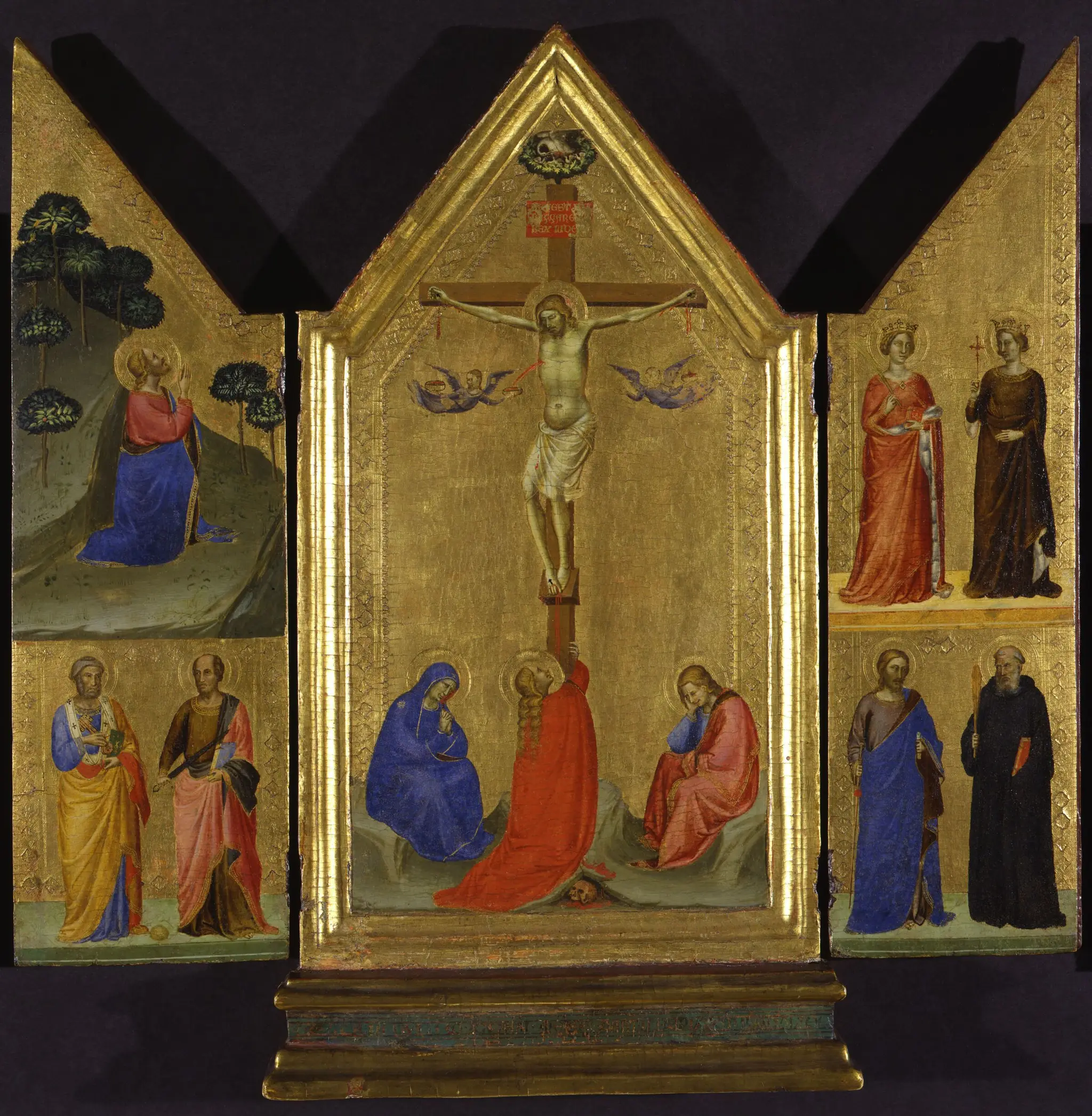 Christ on the Cross between the Virgin and Saints Mary Magdalene and John the Evangelist; left panel: The Agony in the Garden and Saints Peter and Paul; right panel: Saints Catherine of Alexandria and Margaret of Antioch, Saints James Major and Benedict by Bernardo Daddi