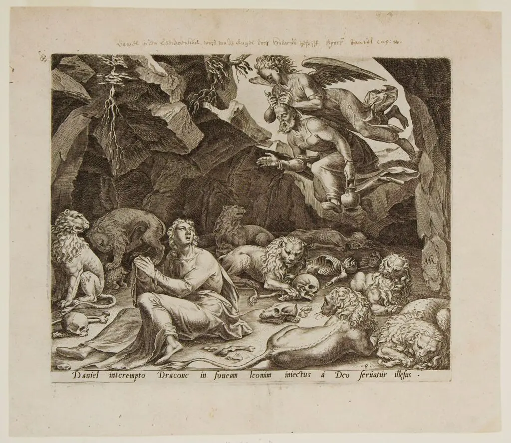 Habakuk Bringing Daniel Food in the Lion's Den (Dan.14:32-36) by Philips Galle