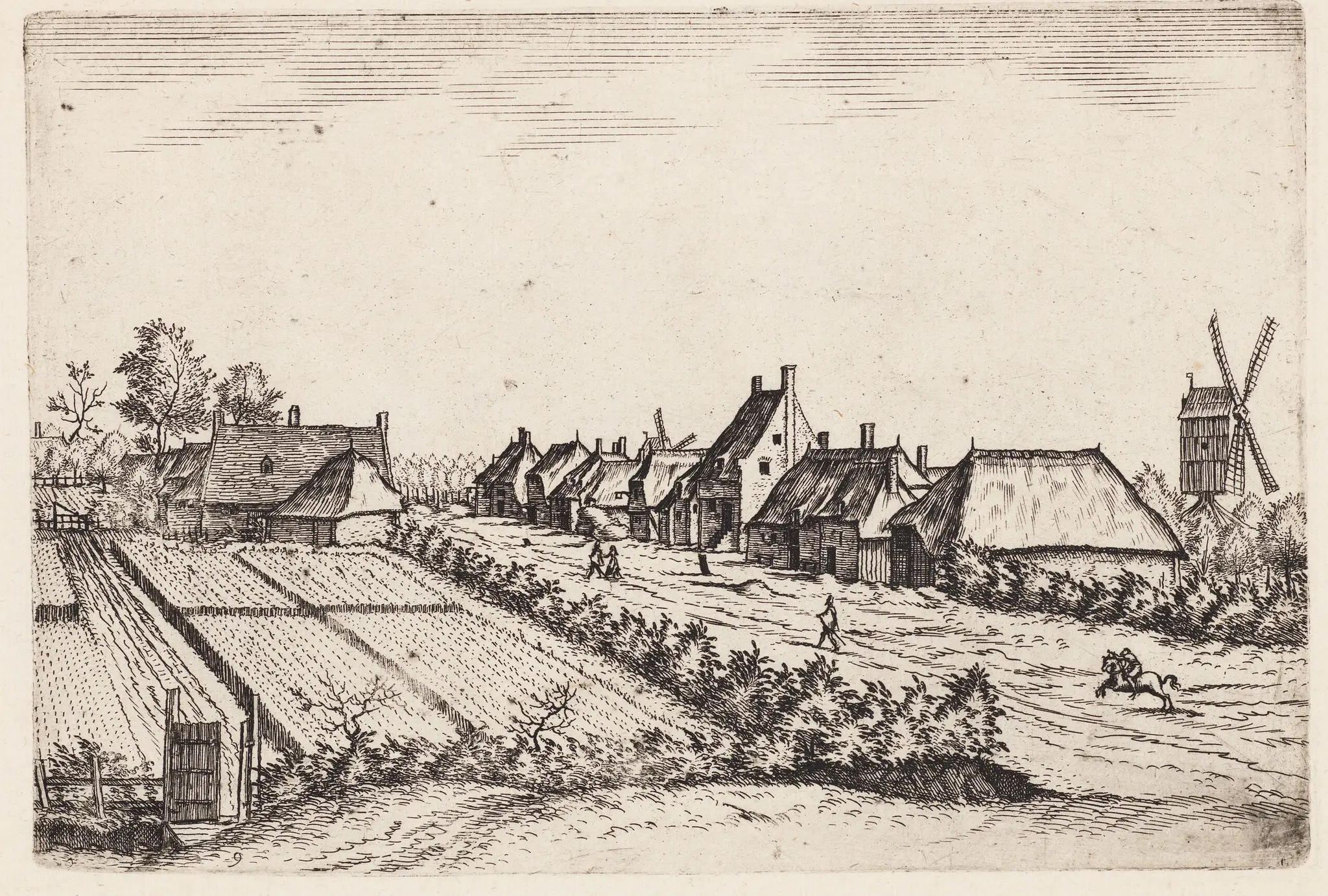 Fields and a Village Road, with a Post Mill by Joannes van Doetecum