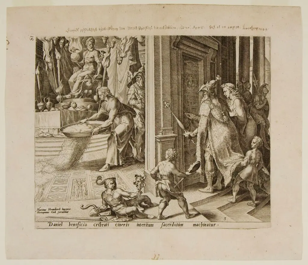 Daniel Sifts Ashes Before Baal and King Cyrus Seals the Door (Dan.14:13-14) by Philips Galle
