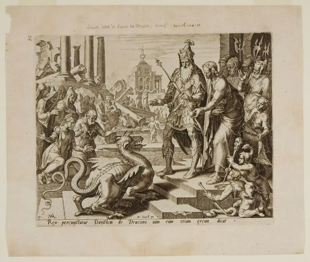 Daniel Feeds the Dragon a Deadly Morsel (Dan.14:26-27) by Philips Galle