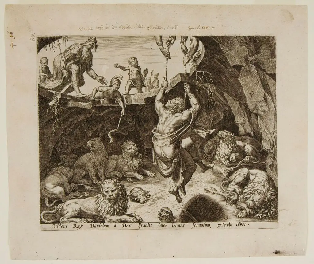 King Cyrus Rescues Daniel from the Lion's Den (Dan.14:39-40) by Philips Galle