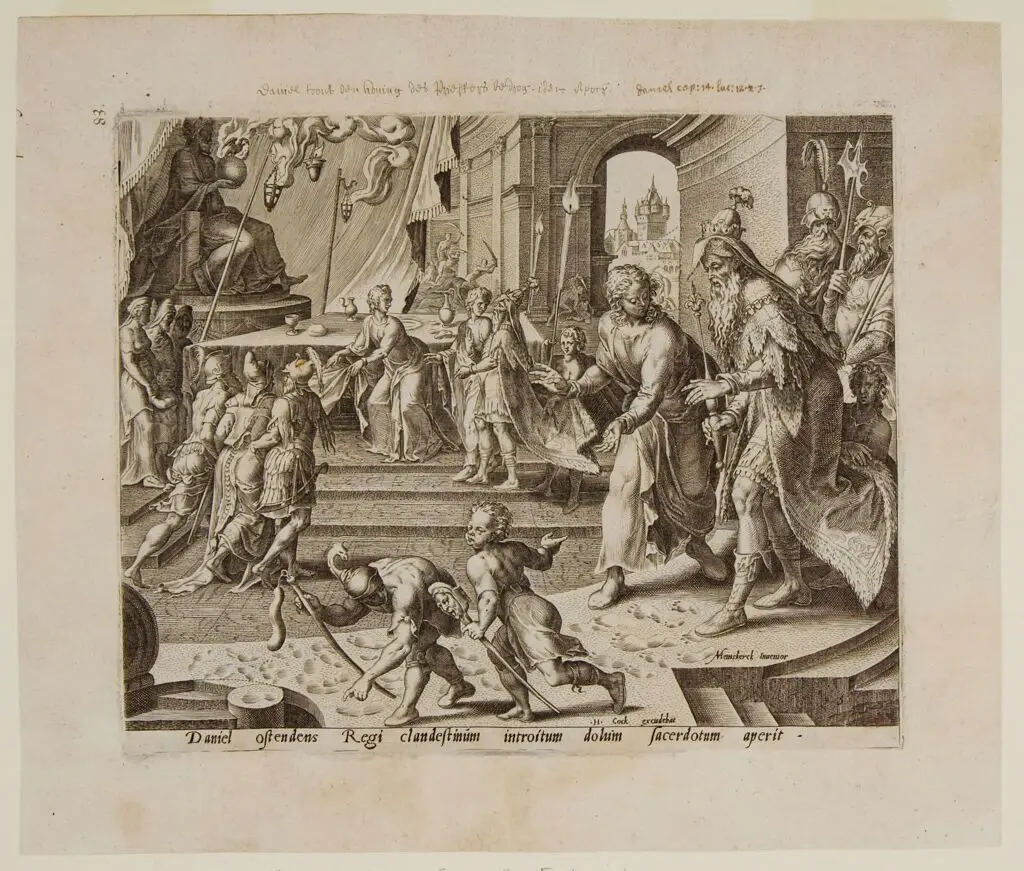 Daniel Shows King Cyrus the Footprints in the Ashes (Dan.14:18-21) by Philips Galle