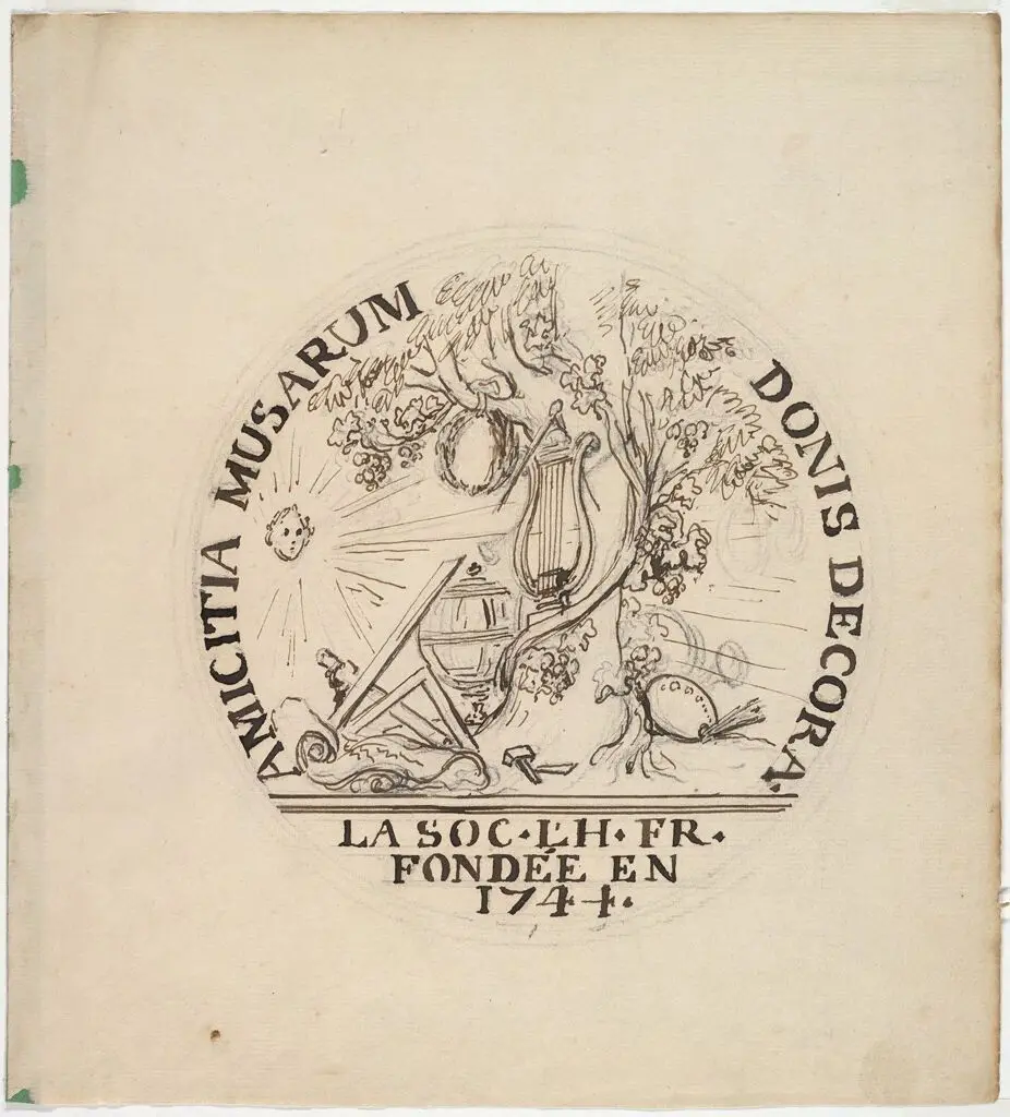Token Design for the Société L'H: AMICITIA MUSARUM DONIS DECORA by Edme Bouchardon