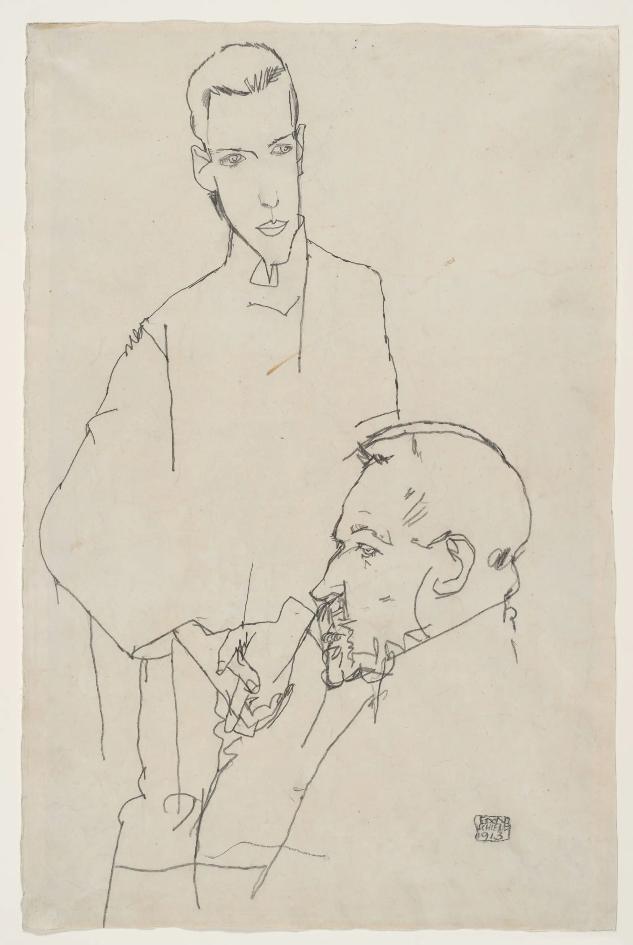 Zentralinspektor Benesch and His Son Otto; verso: Kneeling Female Nude by Egon Schiele