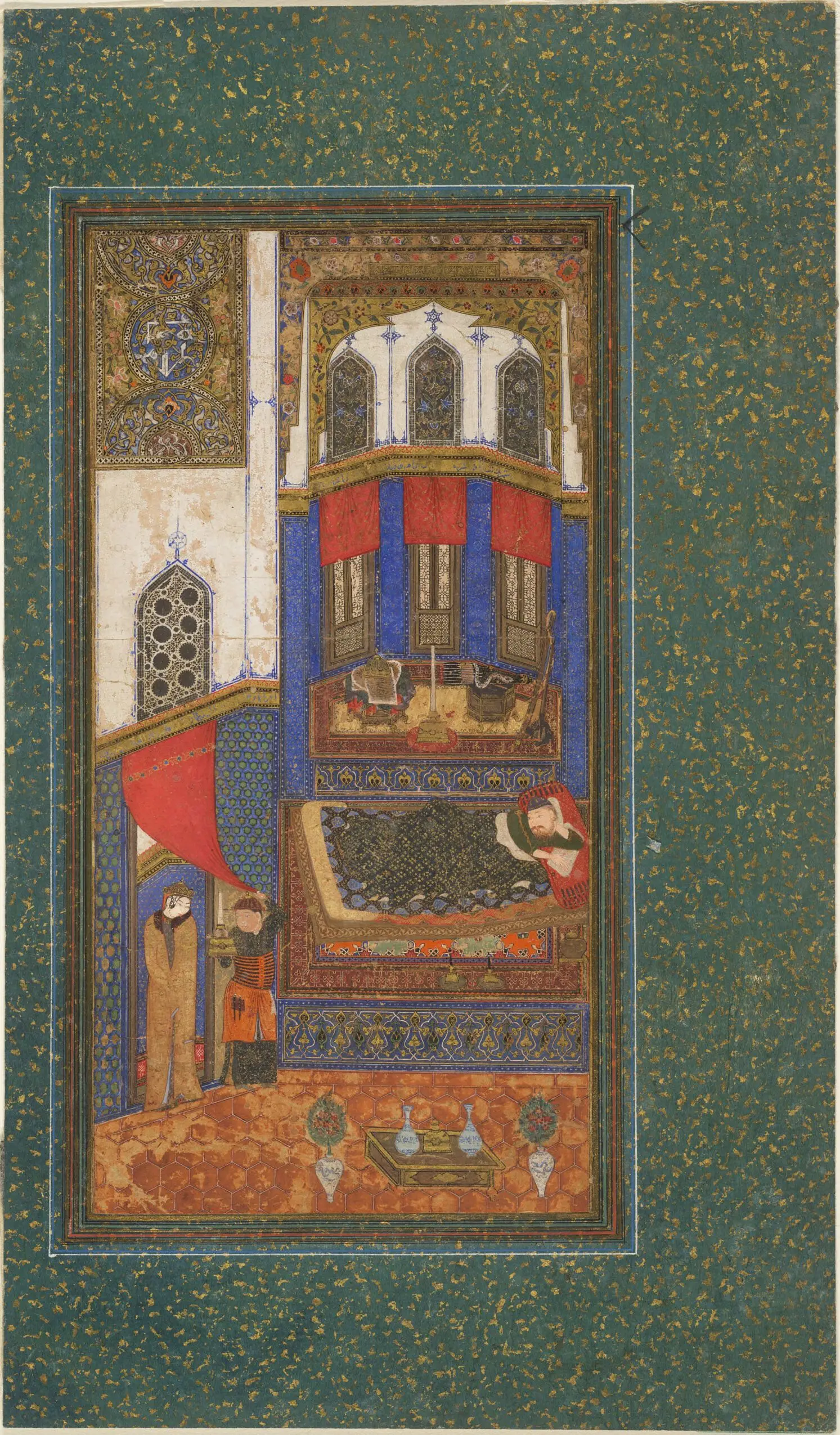 Tahmina Comes into Rustam's Chamber, illustrated folio from a manuscript of the Shahnama of Firdawsi by Unknown artist