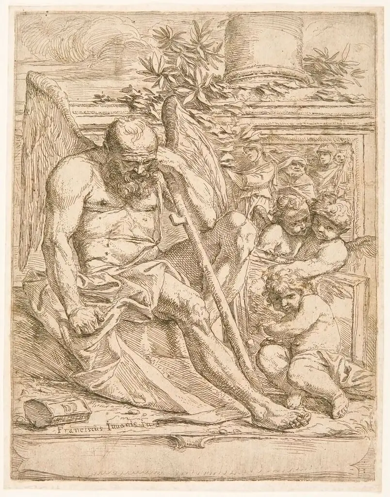 Saturn, Seated with three Putti Holding a Painting by Giovanni Francesco Grimaldi