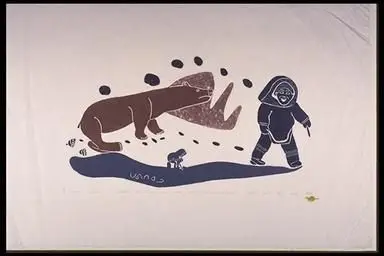 print, A man hunting seal with his daughter who started for home ahead of her father. She met a Polar Bear and was eaten alive. by Amittu, Davidialuk Alasua