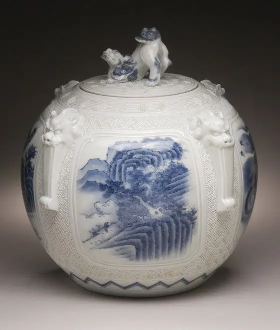 Tea Ceremony Water Jar (Mizusashi) with Landscapes, Chinese Lions, and Raised Monster Masks; Chinese Lion Knop by Japanese Art