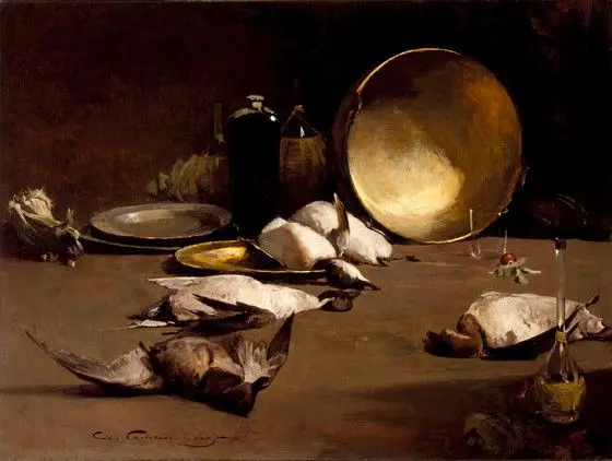 Still Life: Brass Bowl, Ducks, Bottles by Soren-Emil Carlsen