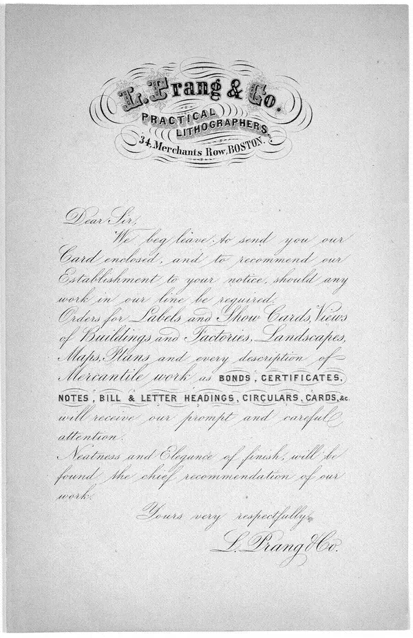 L. Prang & Co. practical lithographers 34 Merchants Row, Boston. Dear Sir. We beg leave to send you our card enclosed ... L. Prang & Co. [n. d.]. by l. prang & co.