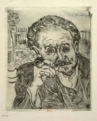Paul Ferdinand Gachet. Etching by V. van Gogh, 1890. by gogh, vincent van