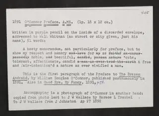 Walt Whitman Papers in the Charles E. Feinberg Collection: Literary File, 1841-1919; Prose, 1841-1892; 1890; Sept. 25 , preface to The Brazen Android by William Douglas O'Connor; Manuscript draft by Unknown artist