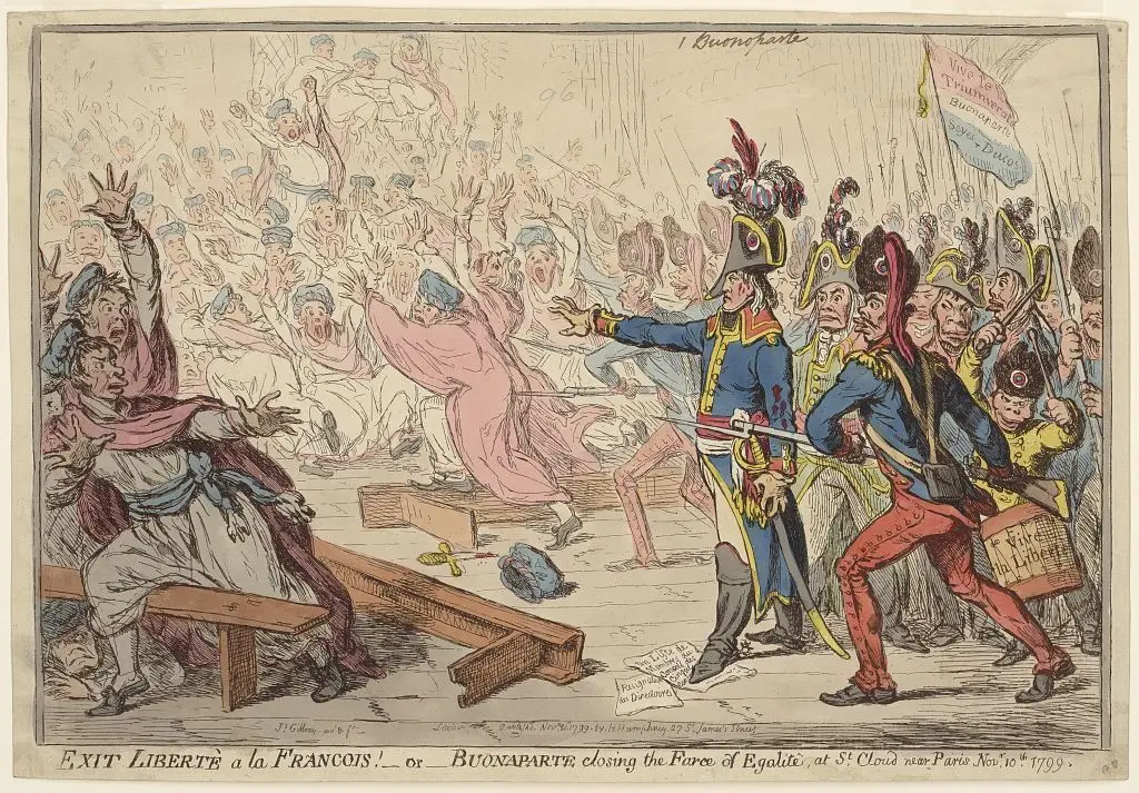 Exit libertè a la Francois! or Buonaparte closing the farce of Egalité, at St. Cloud near Paris Novr. 10th 1799 by Gillray