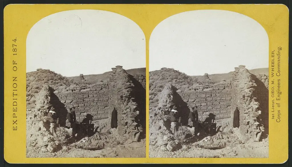Characteristic ruin, of the Pueblo San Juan, New Mexico, on the north bank of the San Juan River, about 15 miles west of the mouth of Cañon Largo. by O'Sullivan, Timothy H., 1840-1882, photographer. by O'Sullivan, Timothy H., 1840-1882, photographer.