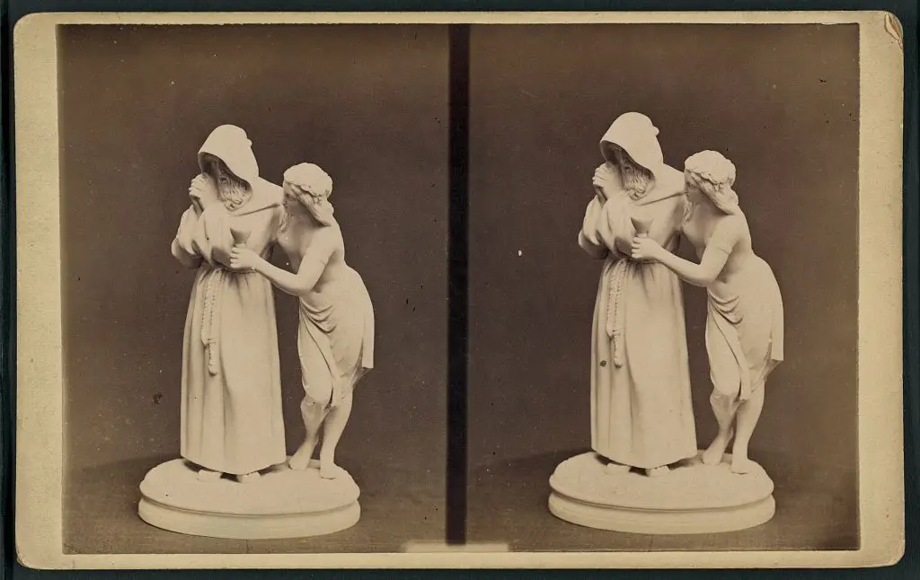 [Sculpture by an unknown artist of a bare breasted woman offering a drink to a monk], 1880-01-01 by Unknown artist