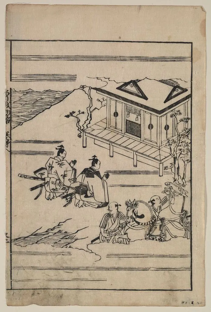 [Scenes related to the Soga family two warriors praying in front of a shrine while retainers hold their horses] by Hishikawa, Moronobu, approximately 1618-approximately 1694. by Hishikawa, Moronobu, approximately 1618-approximately 1694.