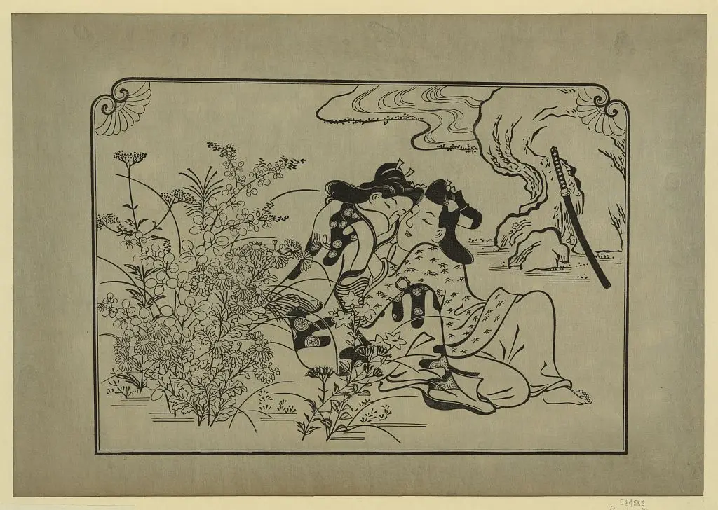 [Lovers in an autumn meadow] by Hishikawa, Moronobu, approximately 1618-approximately 1694, artist by Hishikawa, Moronobu, approximately 1618-approximately 1694, artist