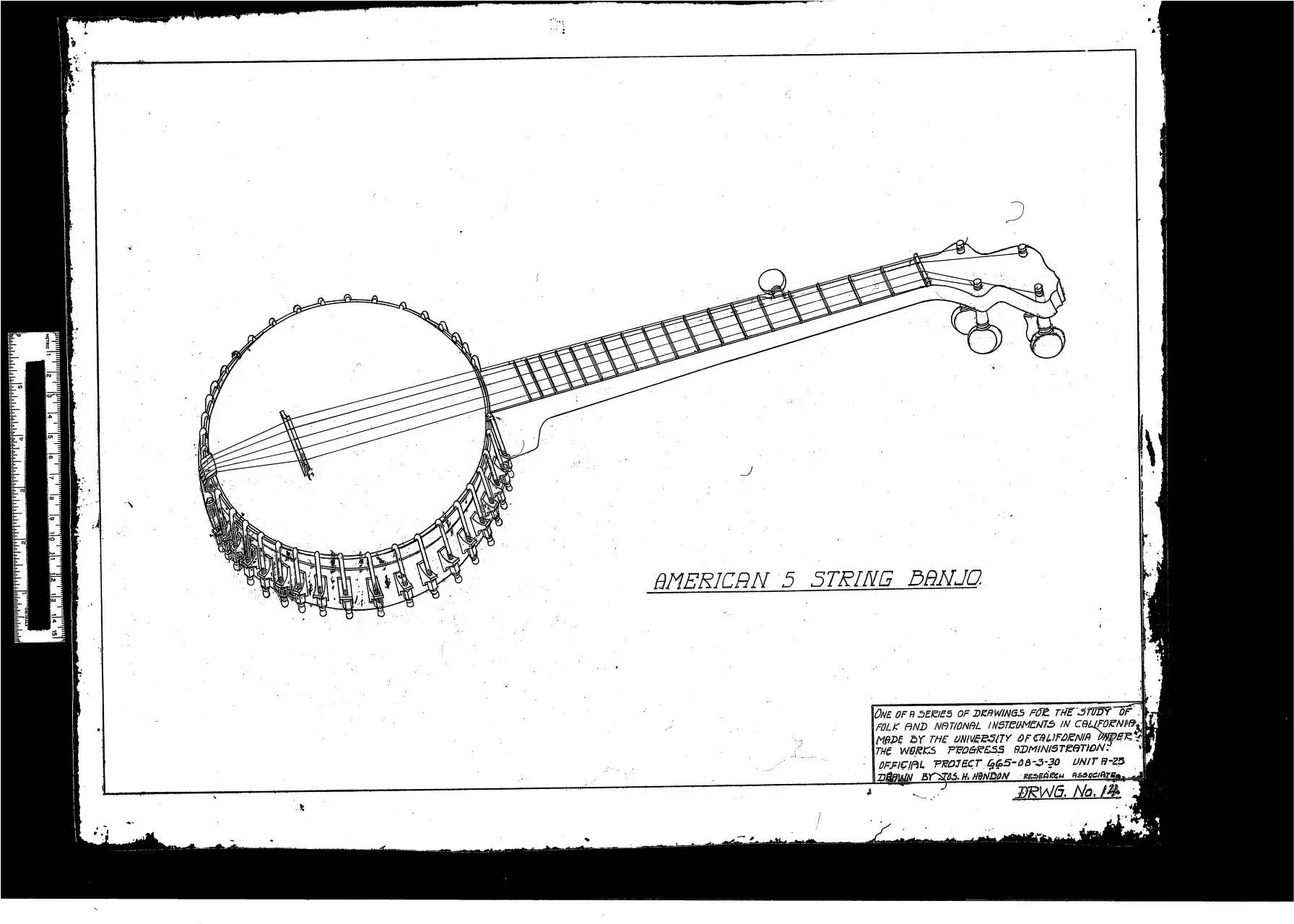 Banjo, front view, mechanical drawing by Cowell, Sidney Robertson, 1903-1995, collector.