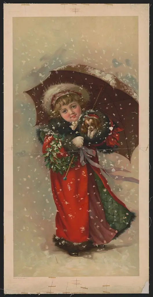 [Girl in red coat with Christmas wreath, umbrella, and puppy in the snow] by Gray Lith. Co., lithographer. by Gray Lith. Co., lithographer.