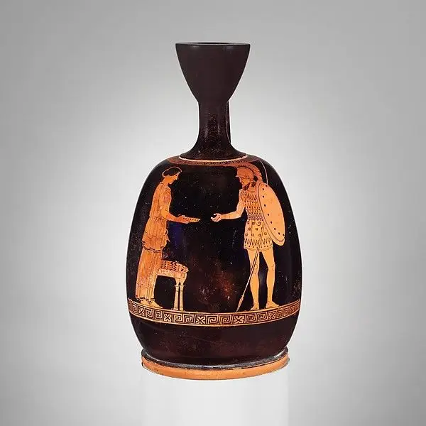 Terracotta squat lekythos (oil flask) by Achilles Painter