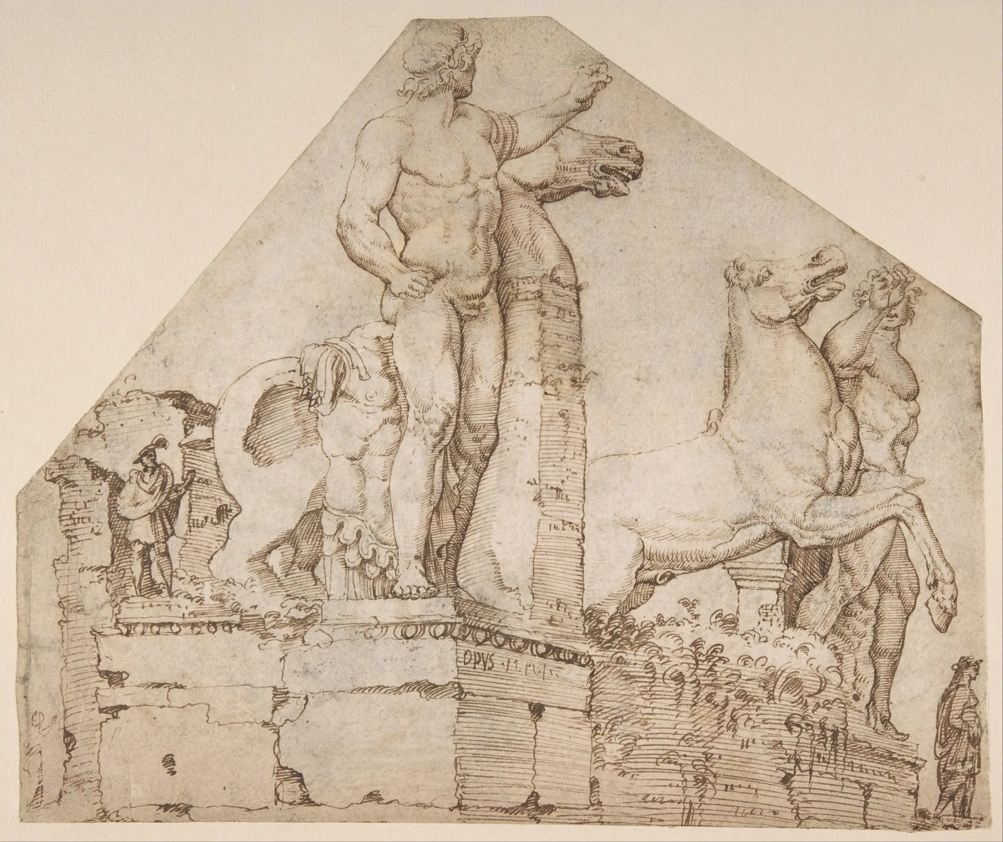 The Dioscuri on Monte Cavallo (recto); Study of a Spiral Staircase (verso) by Maarten van Heemskerck
