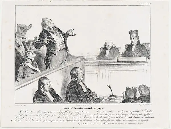 Plate 30: Robert Macaire before his judges, from 'Caricaturana,' published in Les Robert Macaires by Honoré Daumier