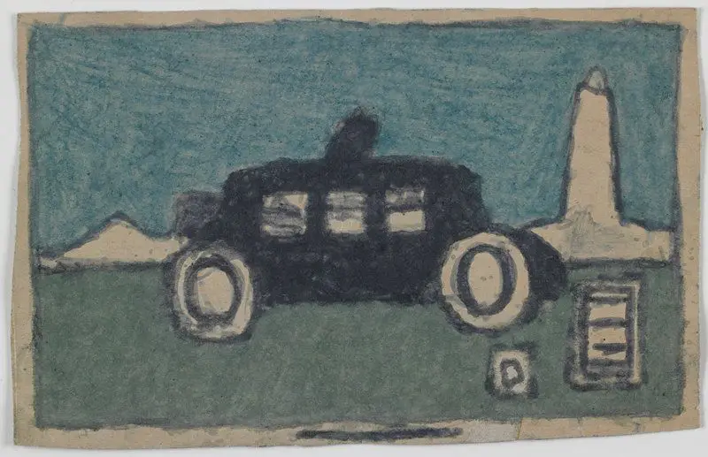 Untitled (Fantasy landscape with car, structures) by James Castle
