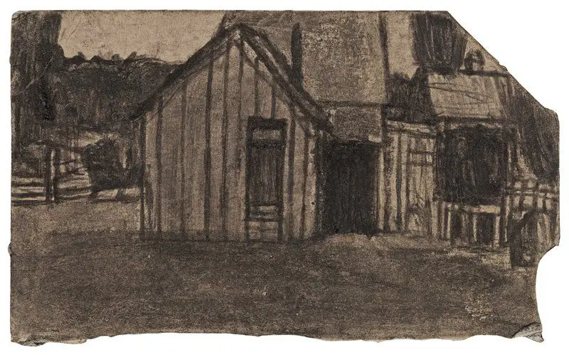 Untitled (Farmscape with outbuildings / Farmscape with shed and prominent tree) by James Castle